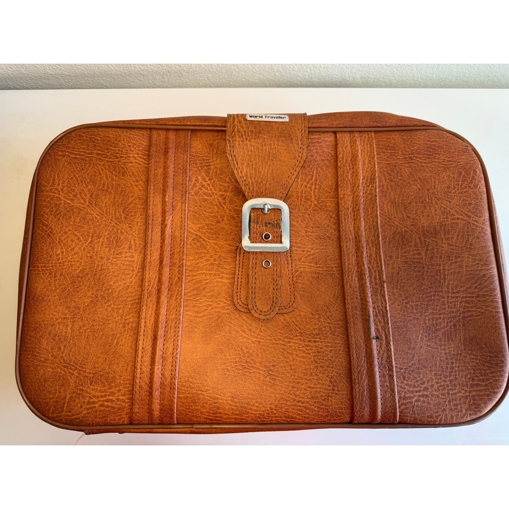 Vintage World Traveler Cognac Brown Faux Leather Hardside Suitcase Carry On Bag